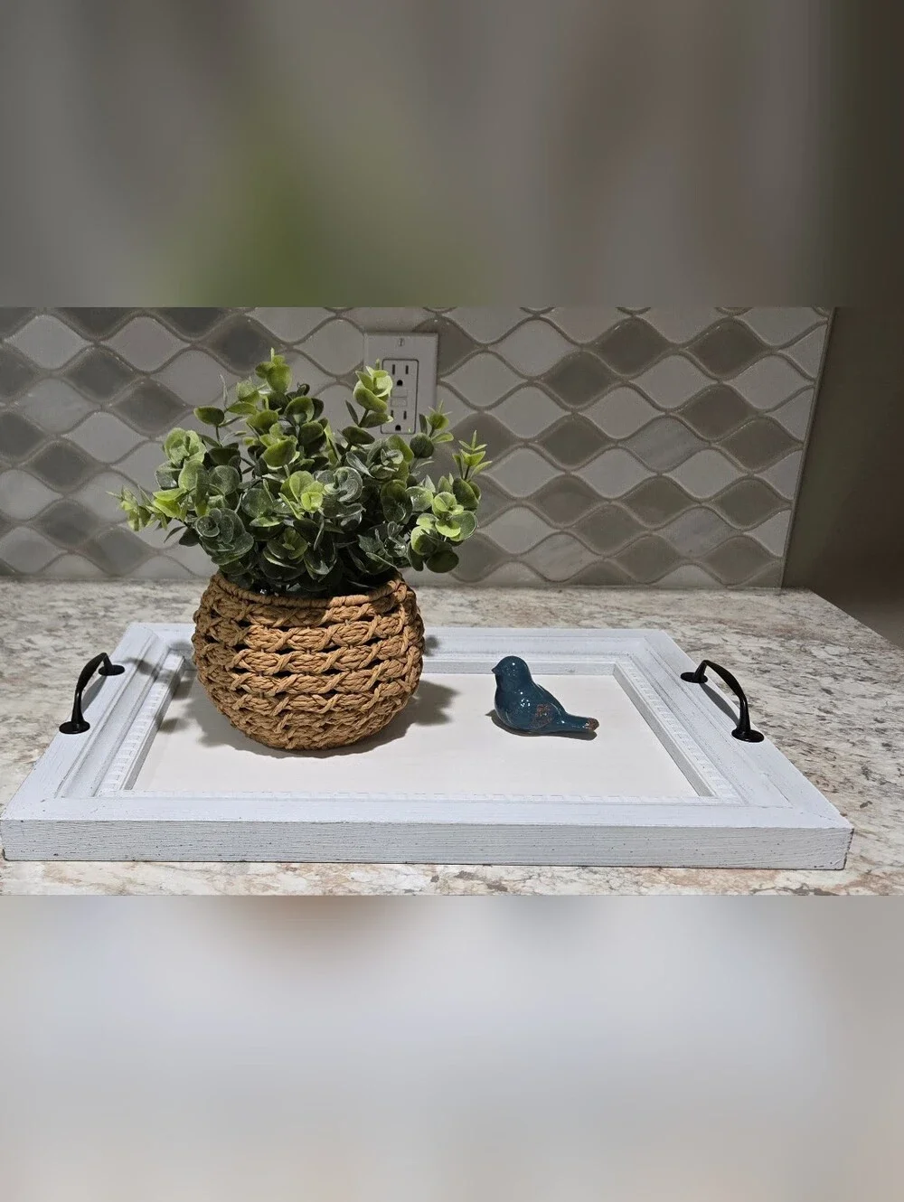 Pier 1 White Wood Vanity Tray with Black Handles